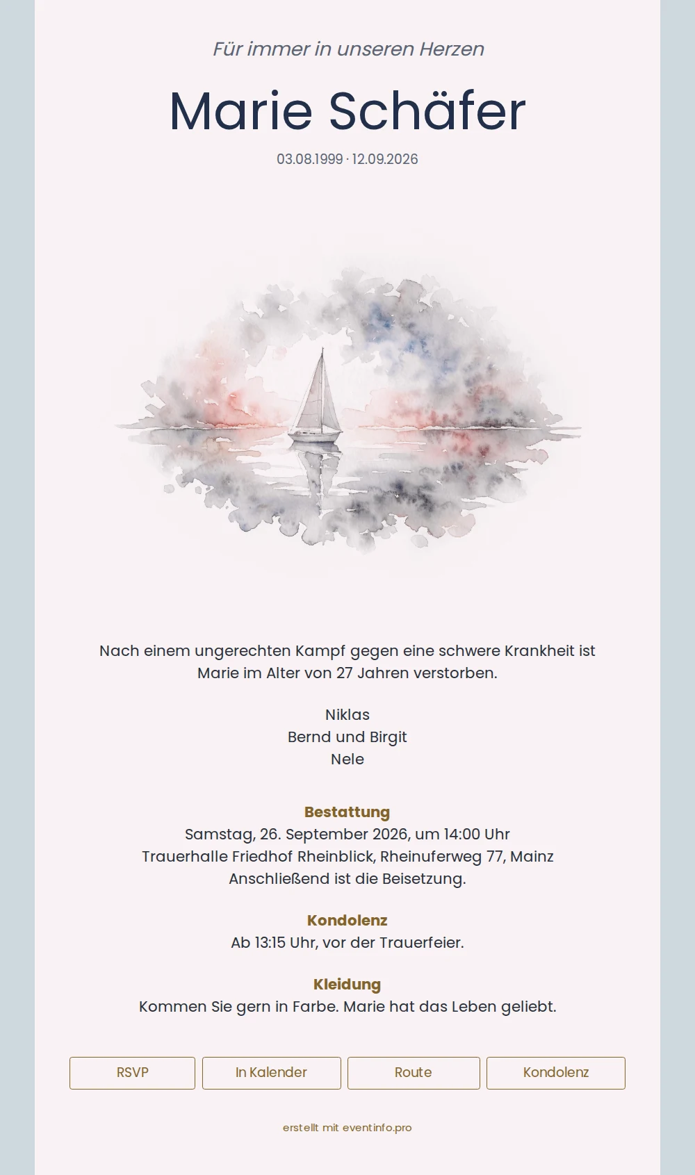 Zartrosa Trauerkarte mit gemaltem Segelboot &ndash; example 1