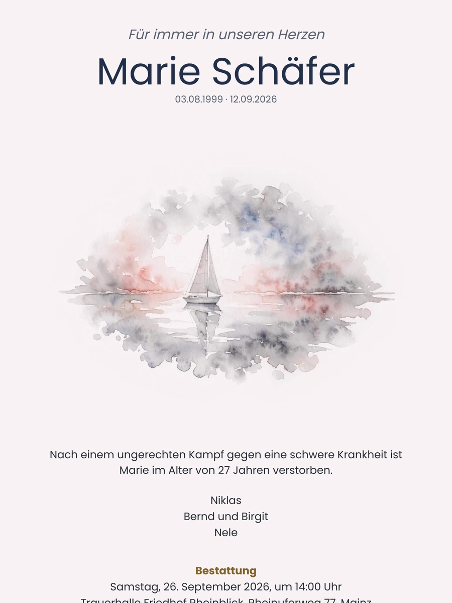 Zartrosa Trauerkarte mit gemaltem Segelboot