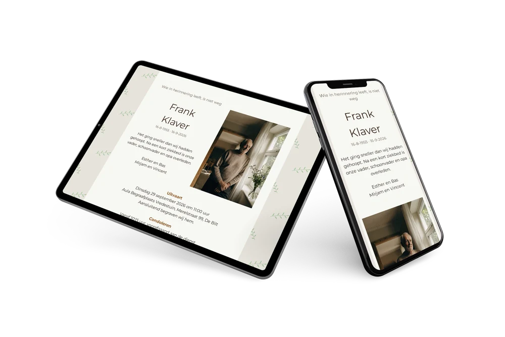 Cr&egrave;me online rouwkaart met portret en olijftak &ndash; example 2
