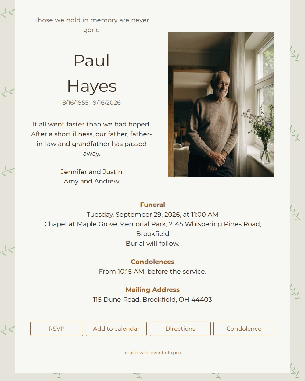 Cream funeral card with portrait and olives &ndash; example 1