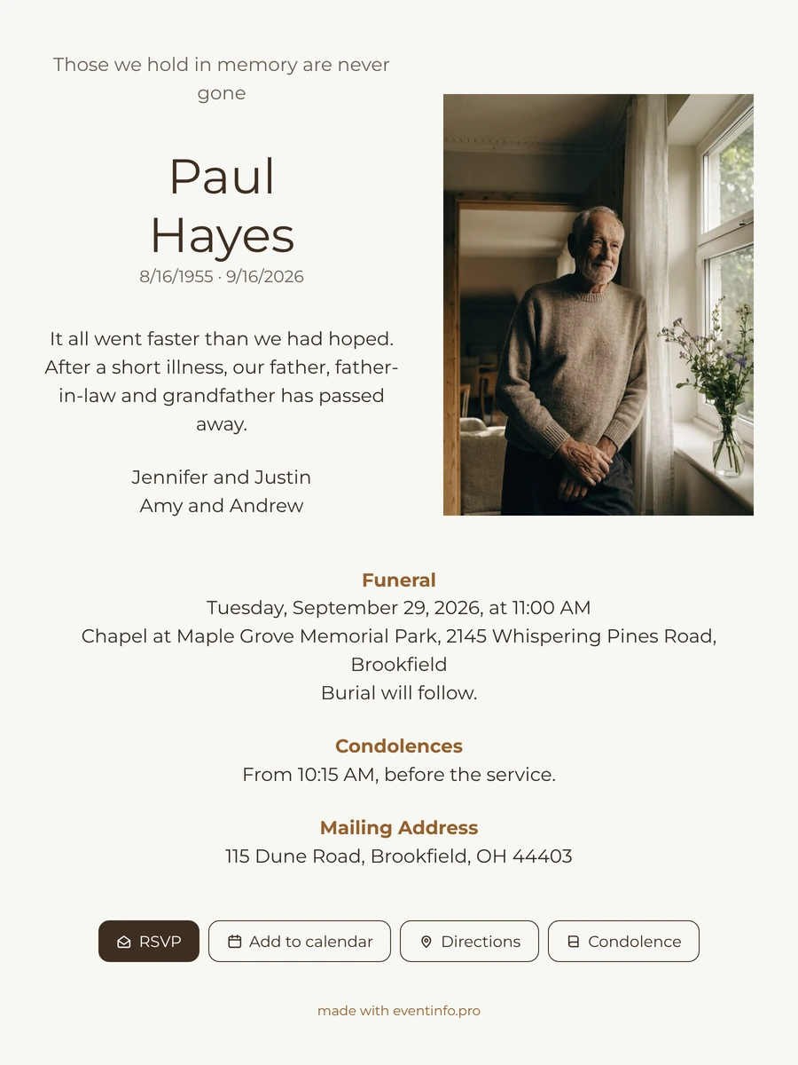 Cream funeral card with portrait and olives