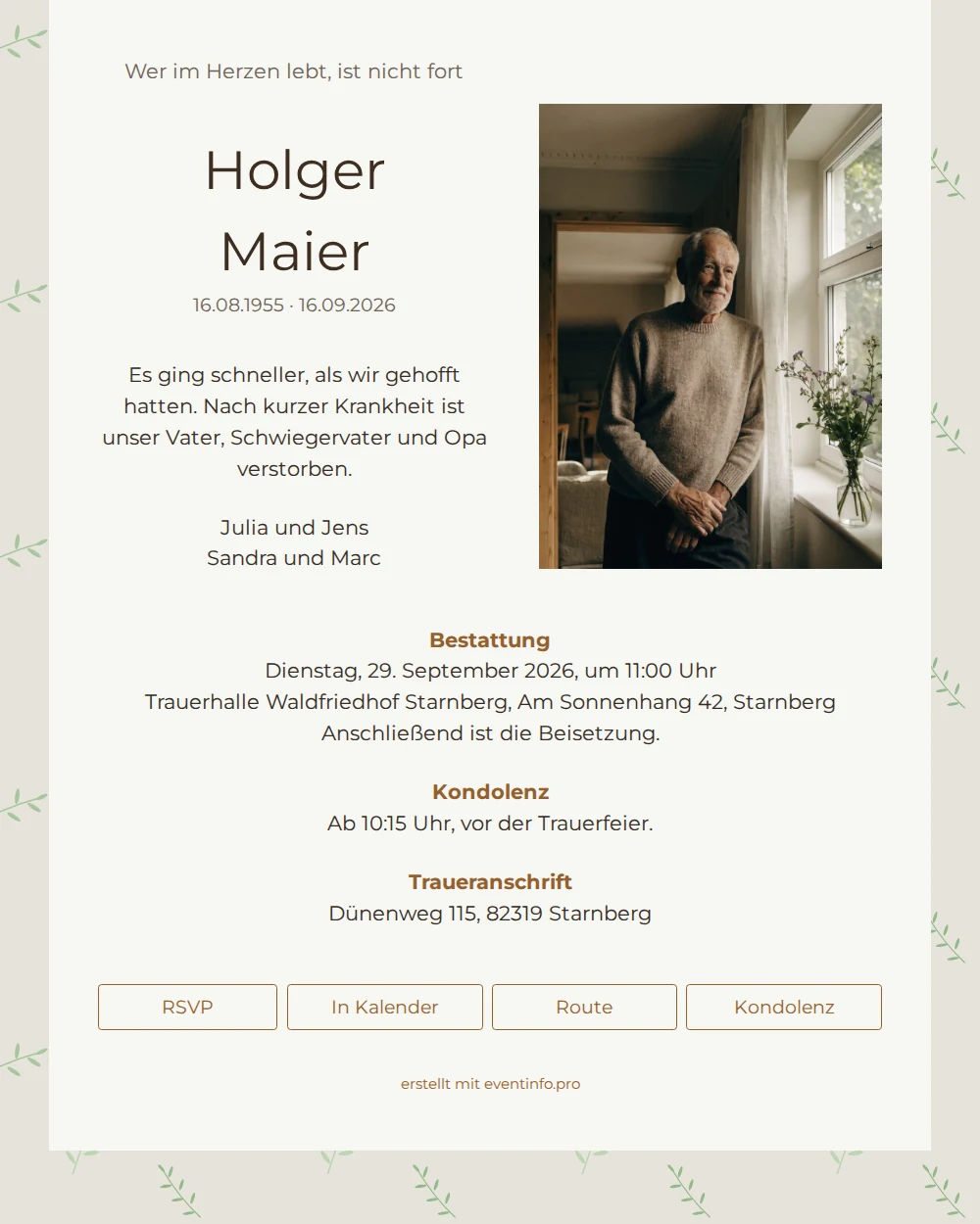 Digitale Trauerkarte in Creme mit Portr&auml;t &ndash; example 1