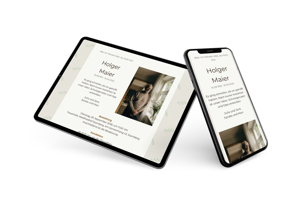 Digitale Trauerkarte in Creme mit Portr&auml;t &ndash; example 2
