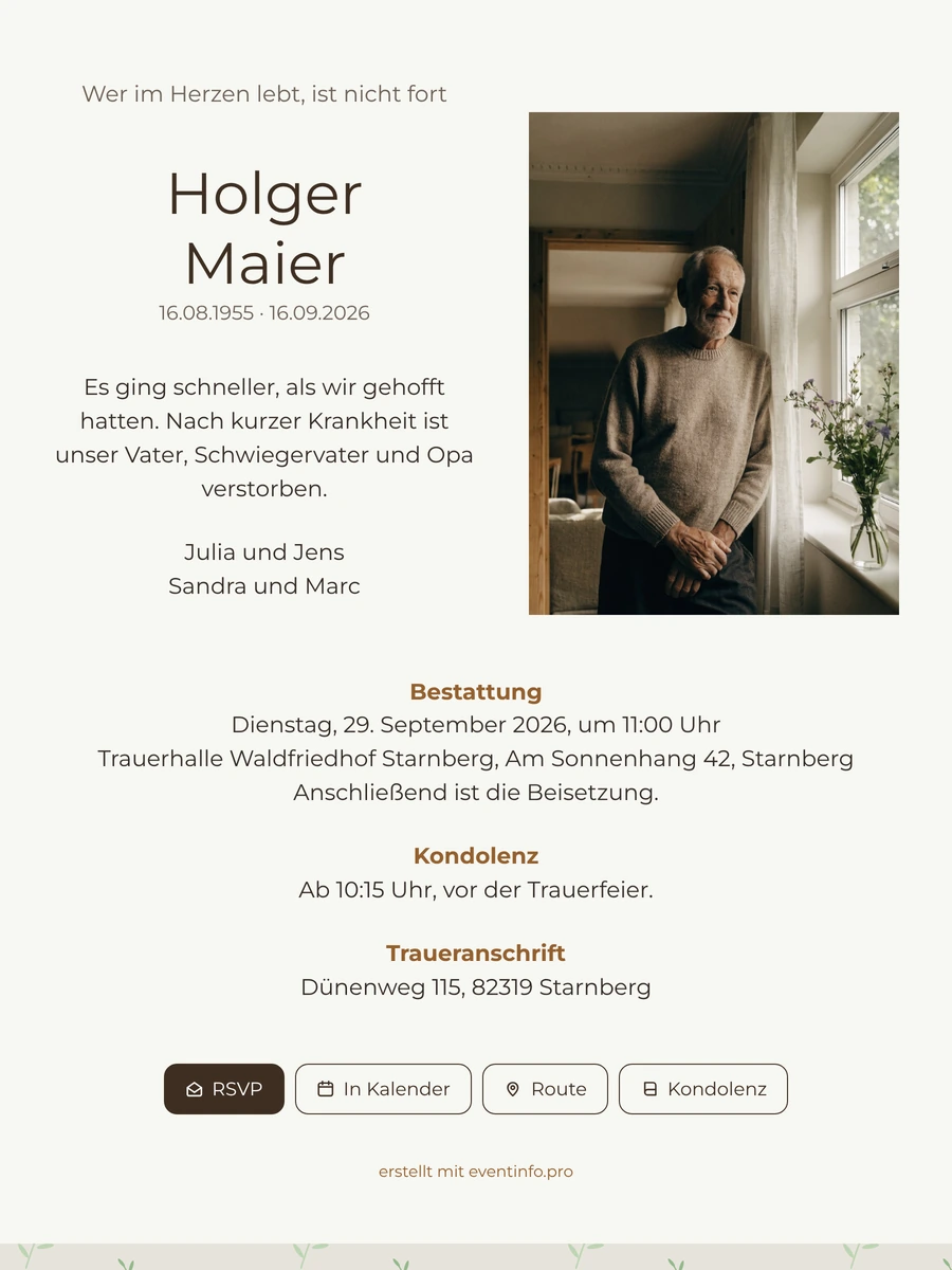 Digitale Trauerkarte in Creme mit Portr&auml;t