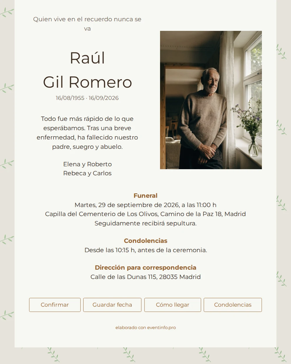 Esquela online en crema con retrato &ndash; example 1
