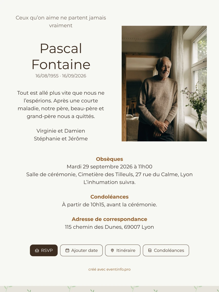 Faire-part de d&eacute;c&egrave;s cr&egrave;me avec portrait