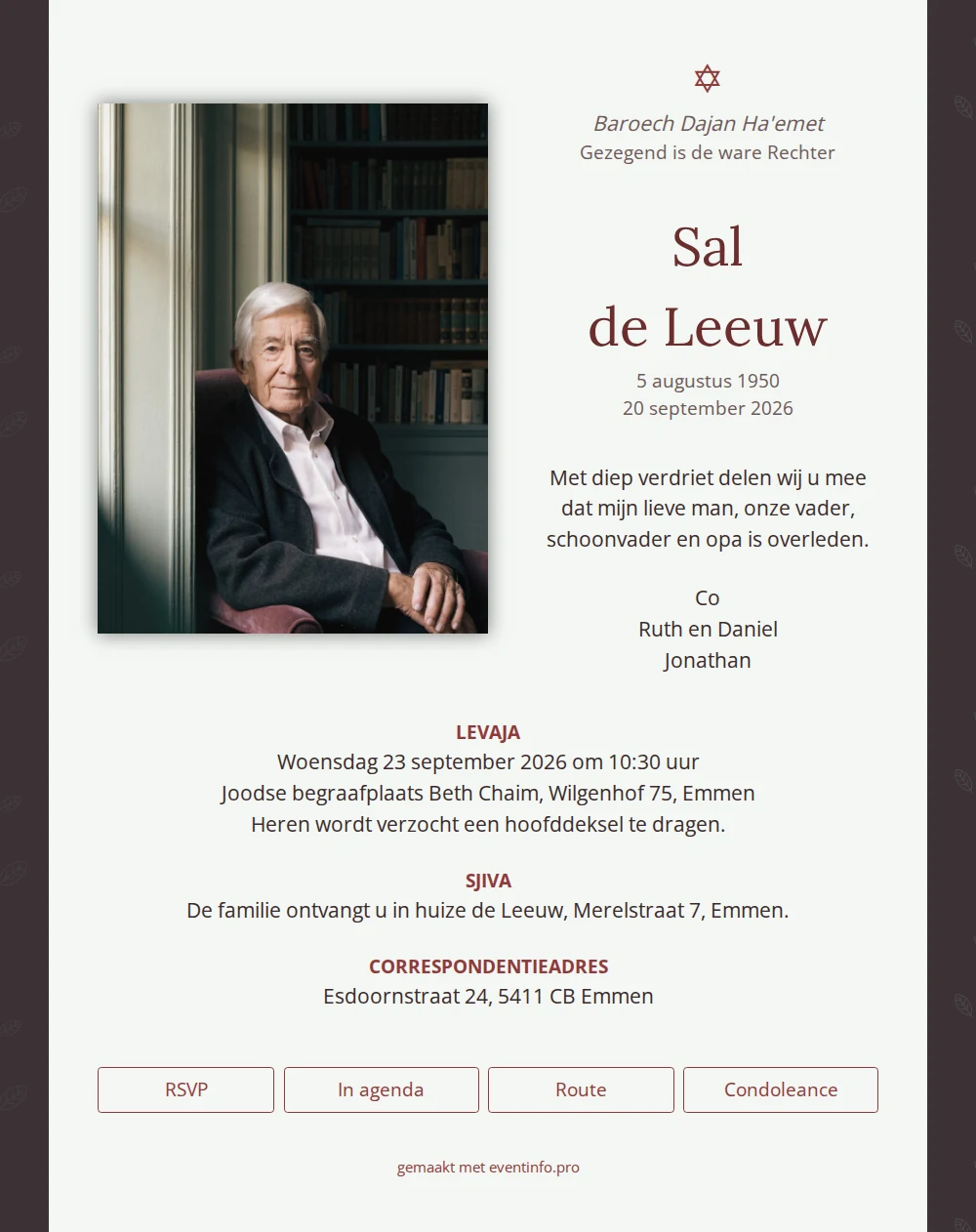 Wijnrode rouwkaart met Davidster en zegenspreuk &ndash; example 1