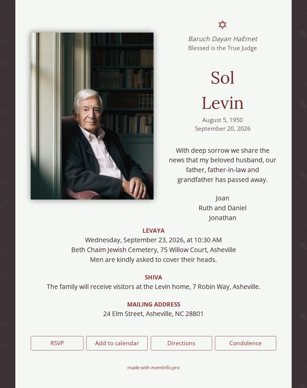 Wine-red funeral card with Star of David &ndash; example 1