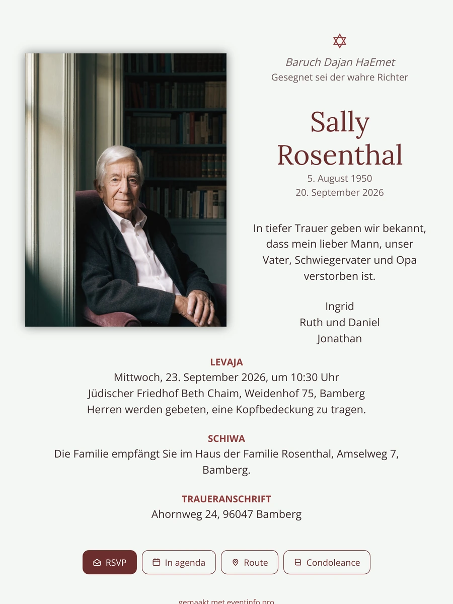 Weinrote Trauerkarte mit Davidstern und Segensspruch