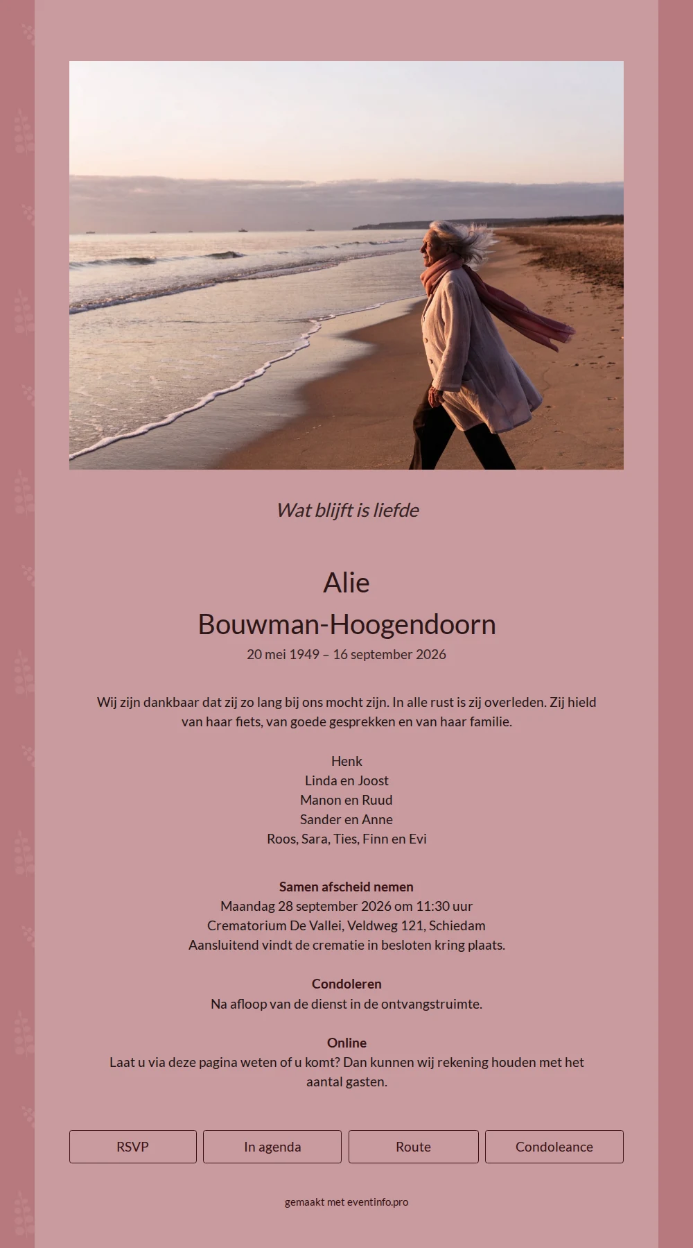 Oudroze rouwkaart met strandfoto &ndash; example 1
