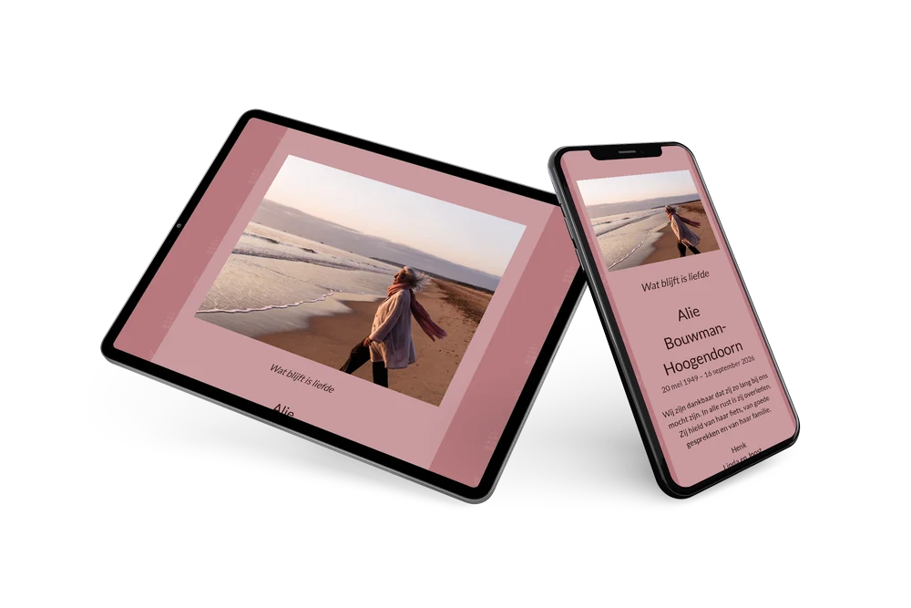 Oudroze rouwkaart met strandfoto &ndash; example 2