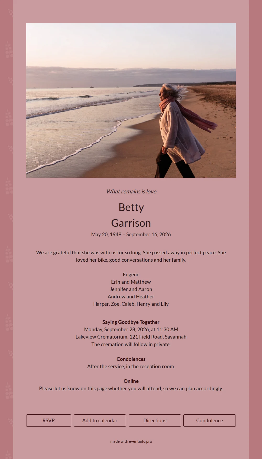 Dusky rose funeral card with beach photo &ndash; example 1