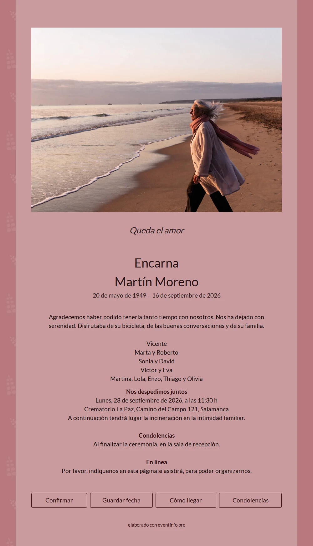 Esquela rosa malva con foto de playa &ndash; example 1