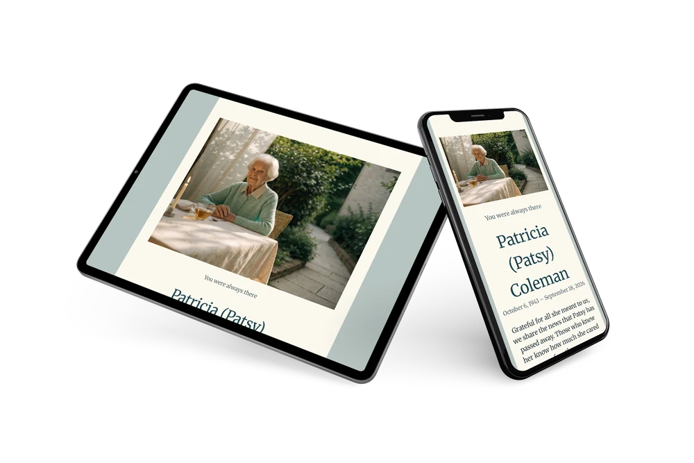 Ivory funeral card with garden photo &ndash; example 2