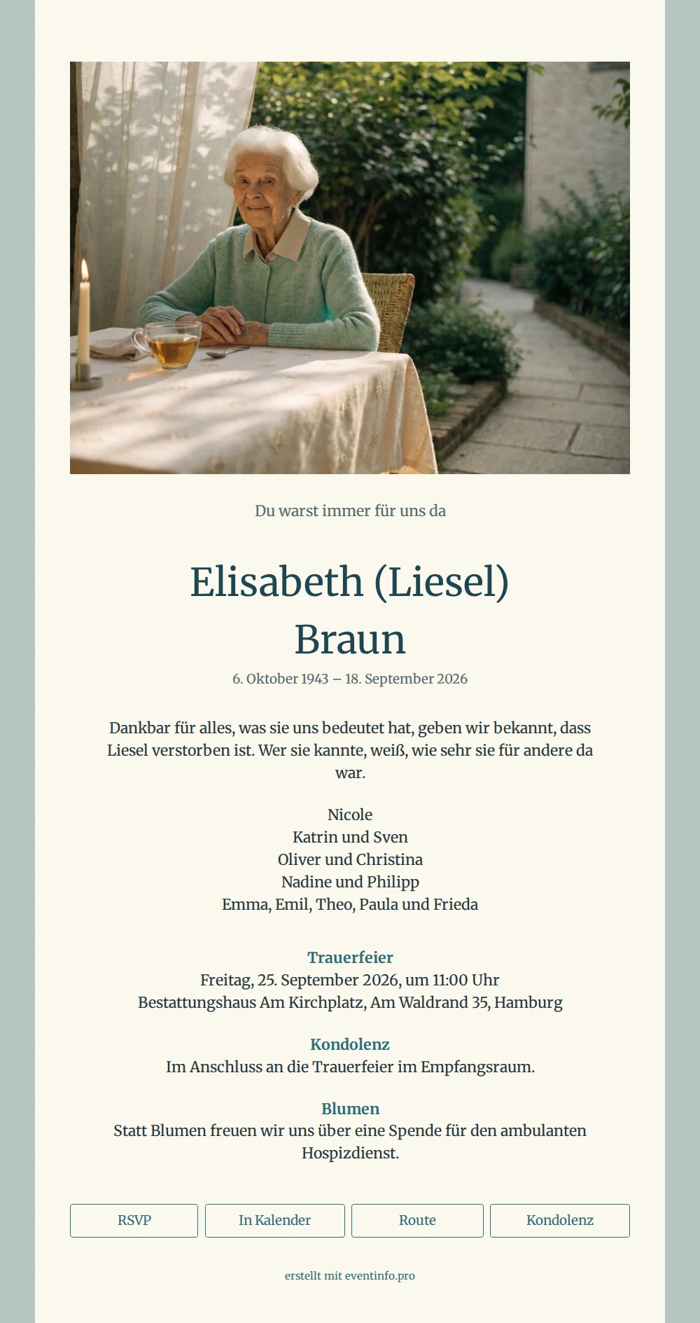 Elfenbeinfarbene Trauerkarte mit Gartenfoto &ndash; example 1