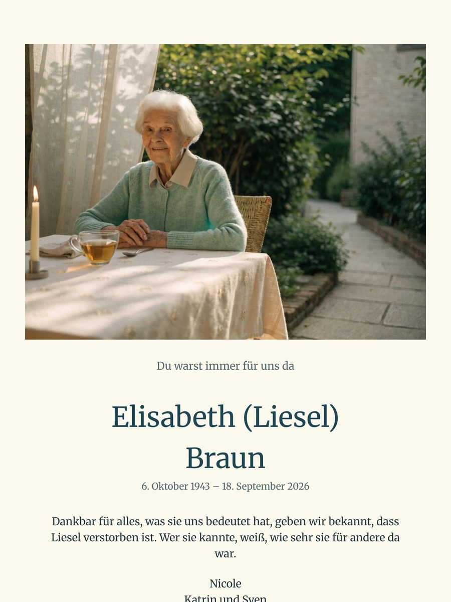 Elfenbeinfarbene Trauerkarte mit Gartenfoto