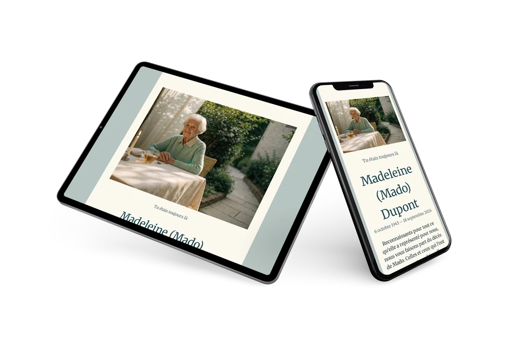 Faire-part de décès ivoire, photo au jardin &ndash; example 2