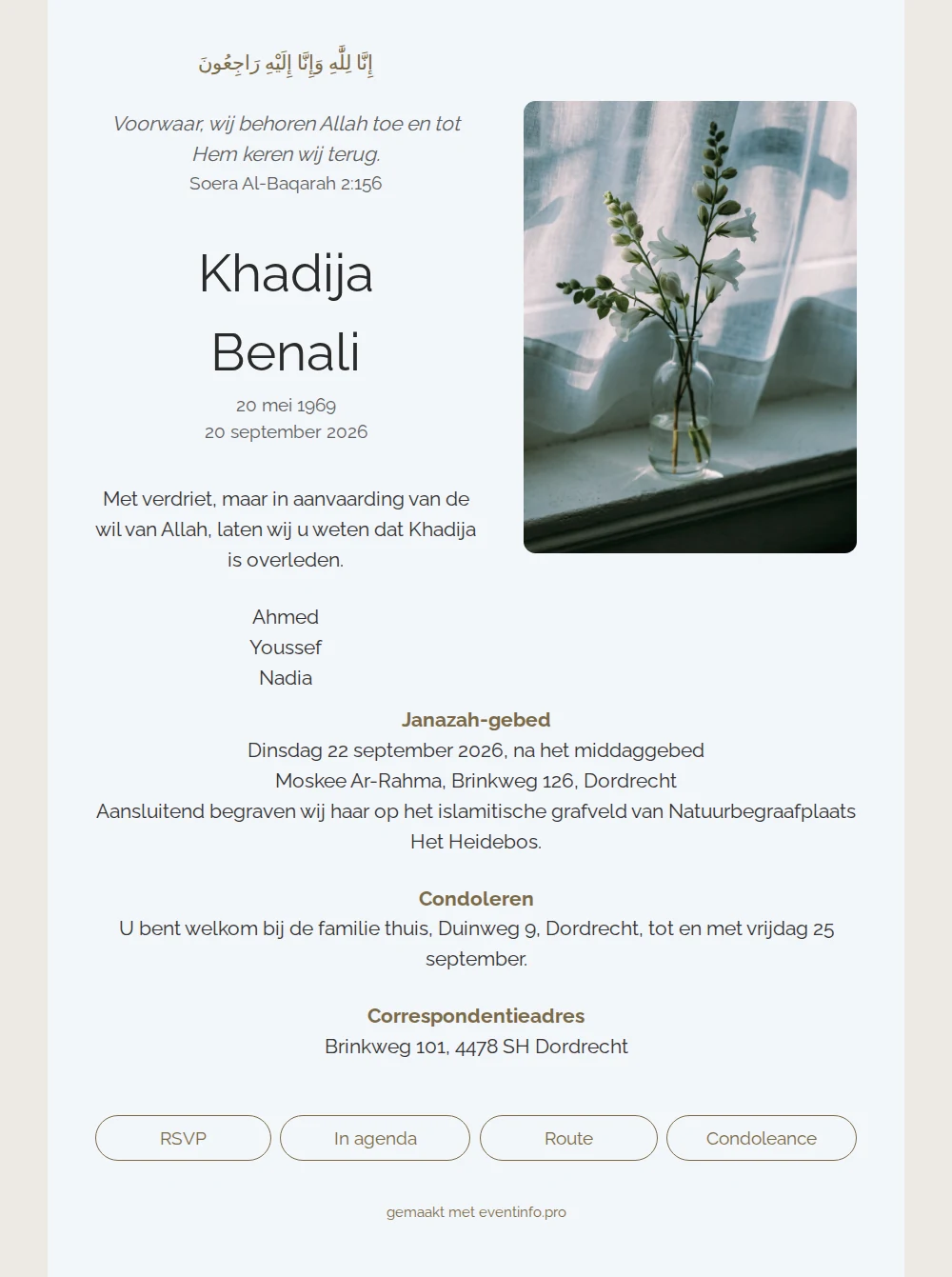 Rouwkaart in ijsblauw met soera Al-Baqarah &ndash; example 1