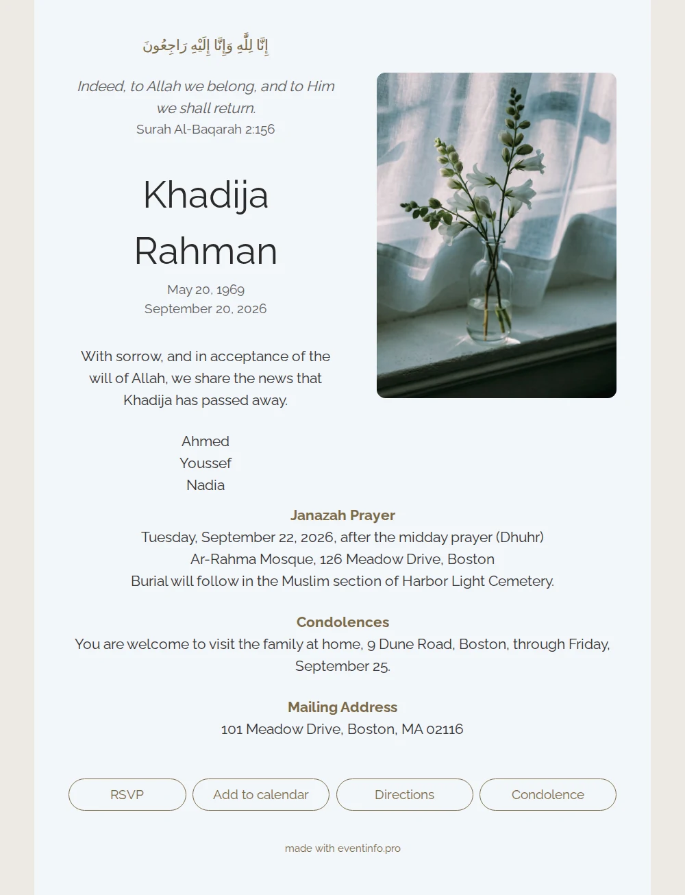 Muslim funeral card in ice blue &ndash; example 1