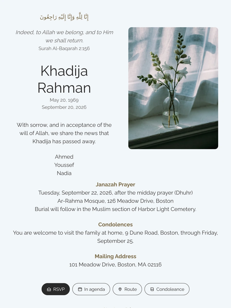 Muslim funeral card in ice blue