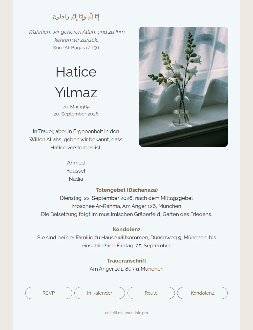 Muslimische Trauerkarte in Eisblau mit Blumenzweig &ndash; example 1