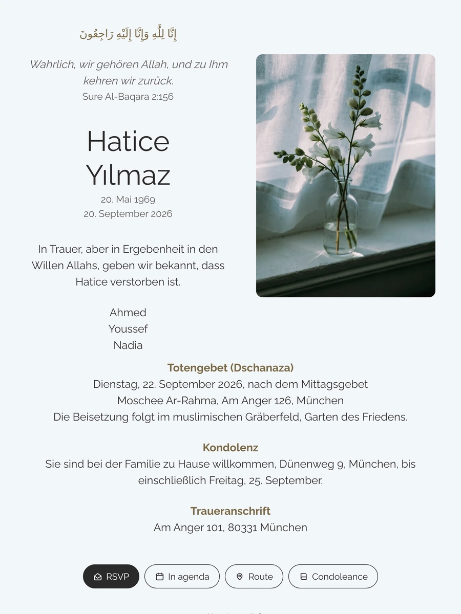 Muslimische Trauerkarte in Eisblau mit Blumenzweig