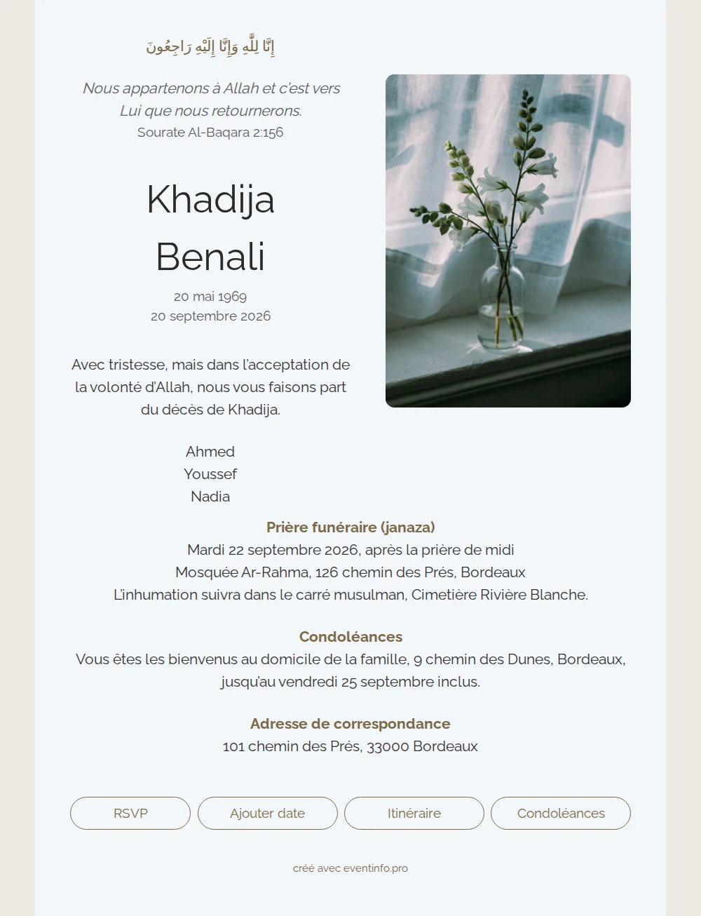Faire-part islamique bleu glacier et fleurs &ndash; example 1