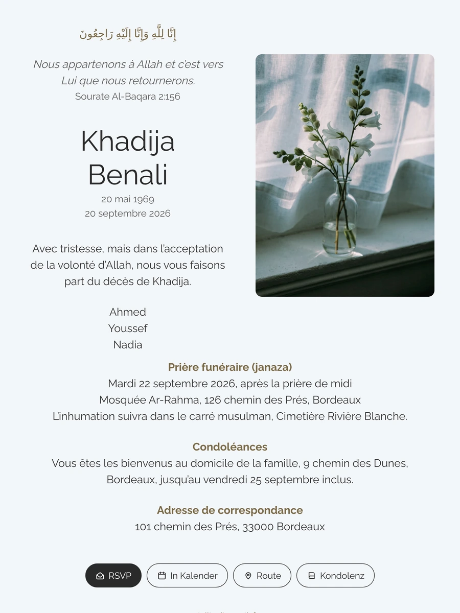 Faire-part islamique bleu glacier et fleurs