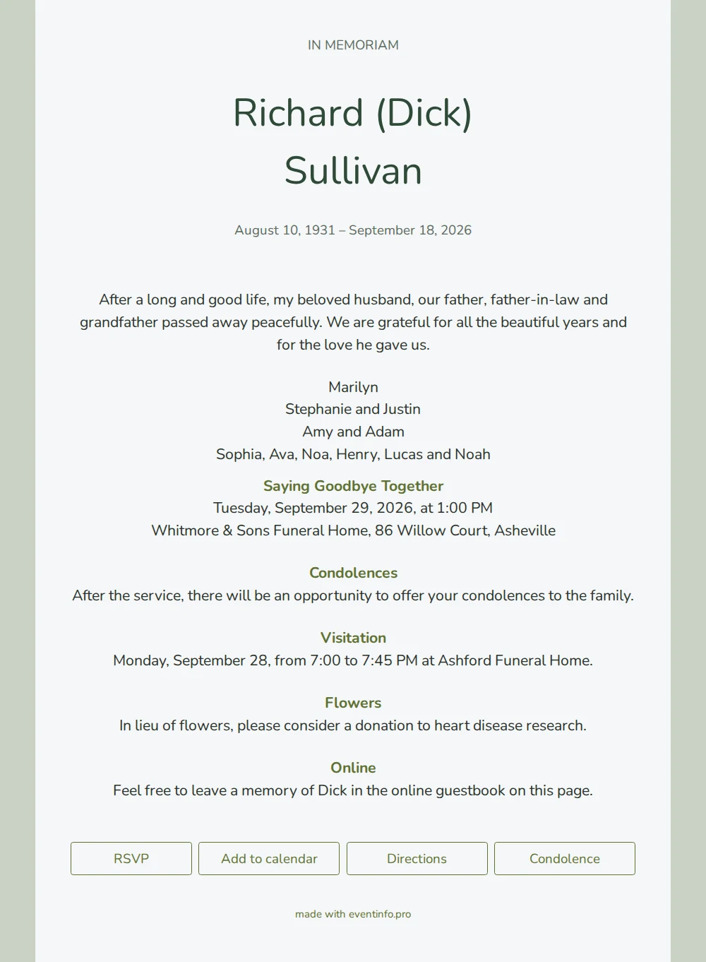 Calm in memoriam card without photo &ndash; example 1
