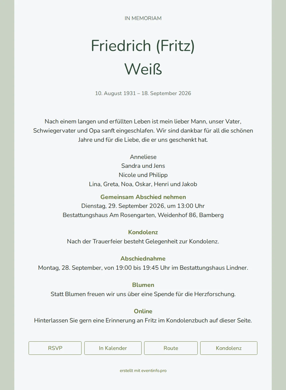 Stille In-memoriam-Karte in Salbeigr&uuml;n &ndash; example 1