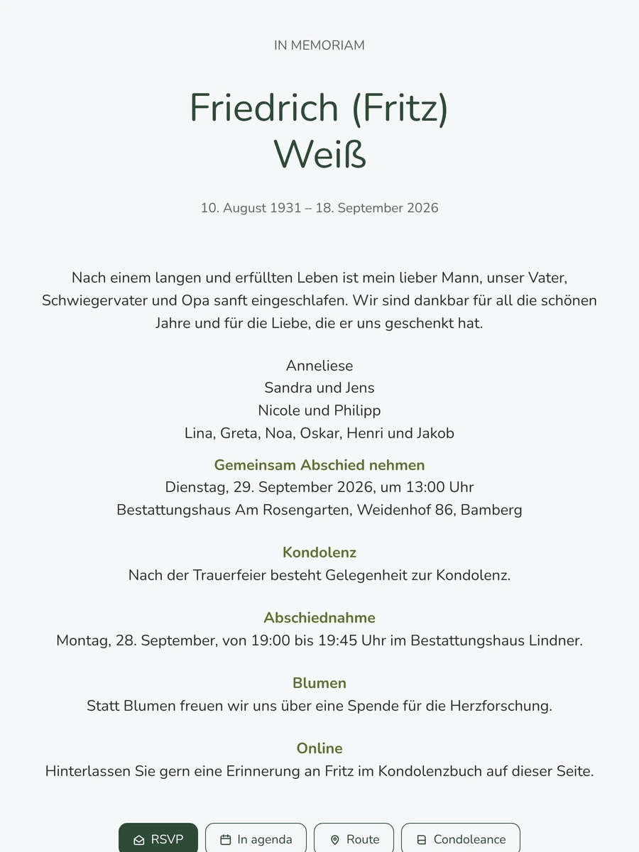 Stille In-memoriam-Karte in Salbeigr&uuml;n