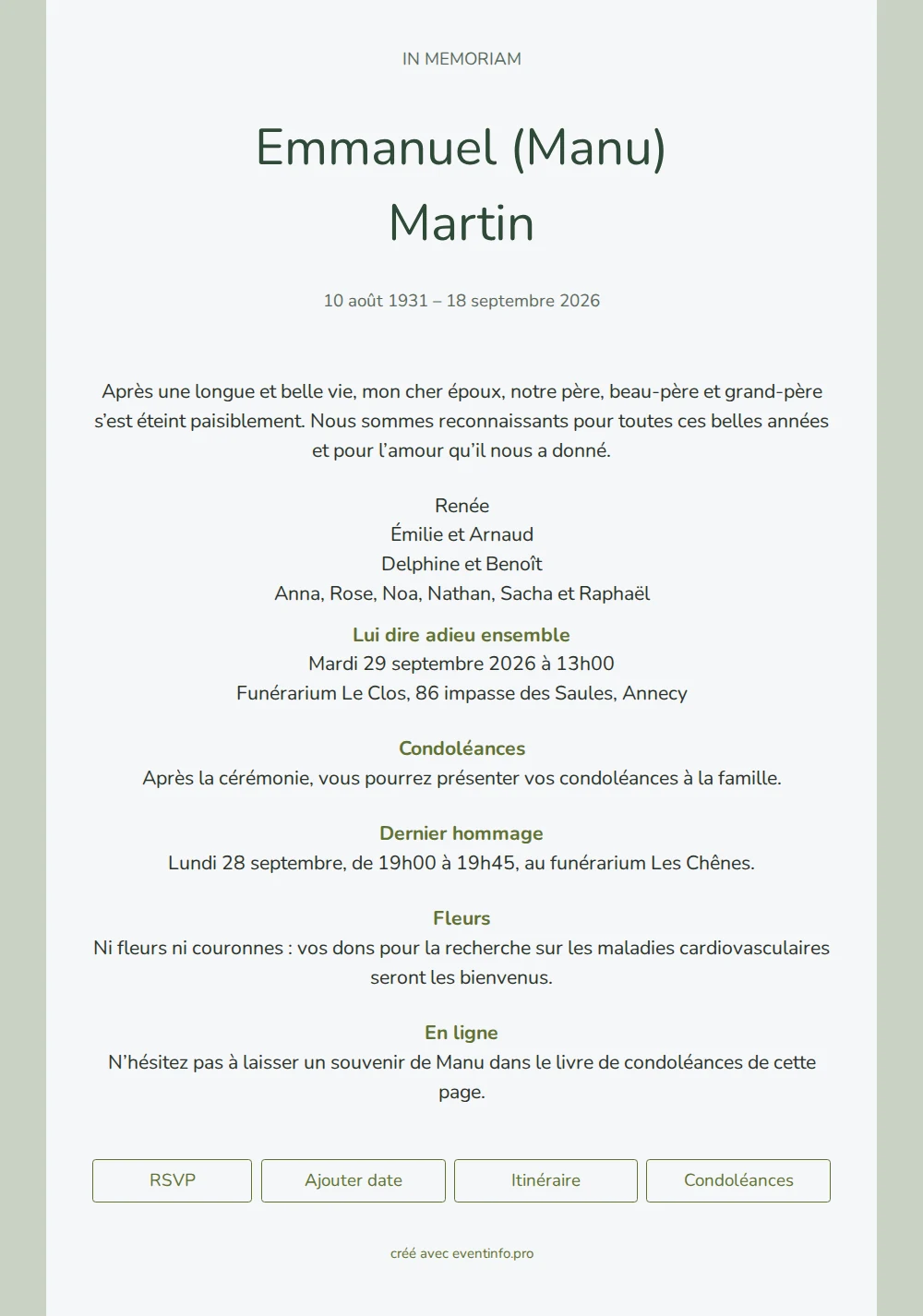 Carte in memoriam en vert sauge &ndash; example 1