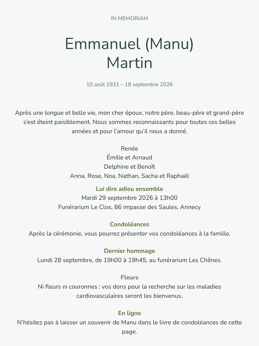 Carte in memoriam en vert sauge