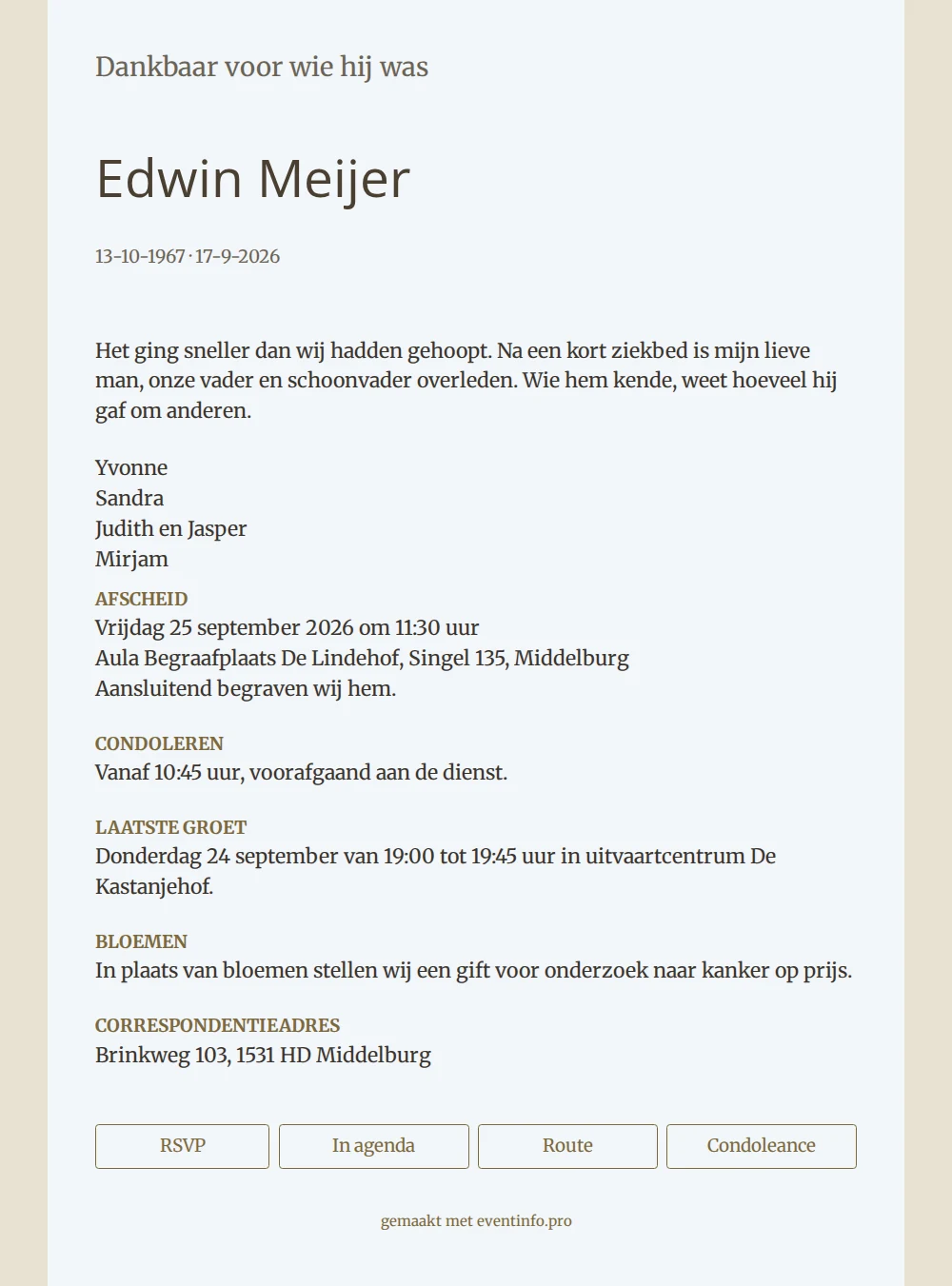 Linksuitgelijnde rouwkaart met zandkleurige rand &ndash; example 1
