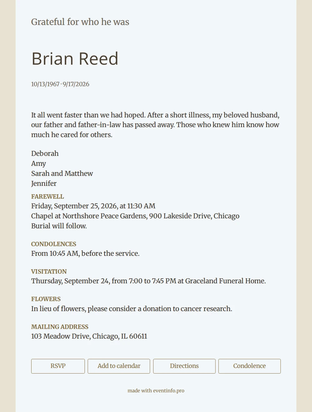 Minimalist funeral card with sand border &ndash; example 1