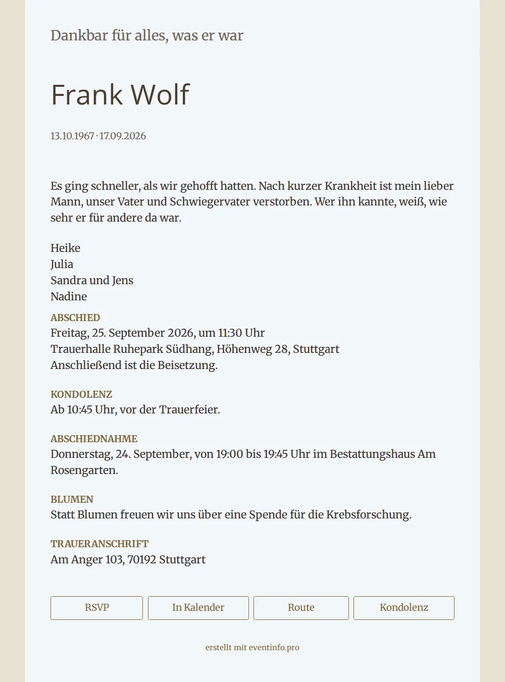 Klare Trauerkarte mit sandfarbenem Rand &ndash; example 1