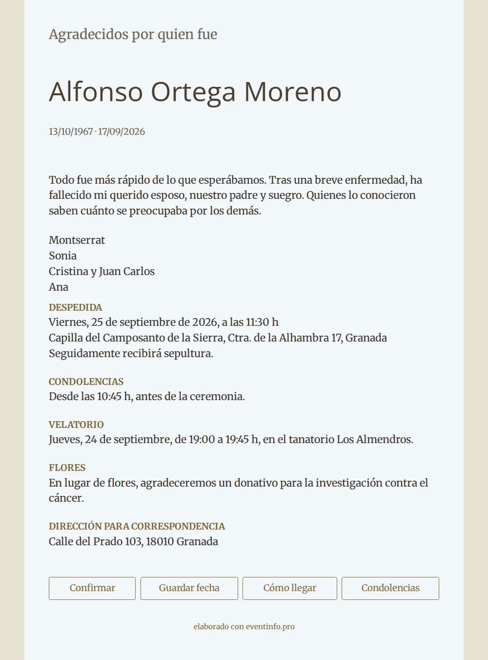 Esquela sobria con borde color arena &ndash; example 1