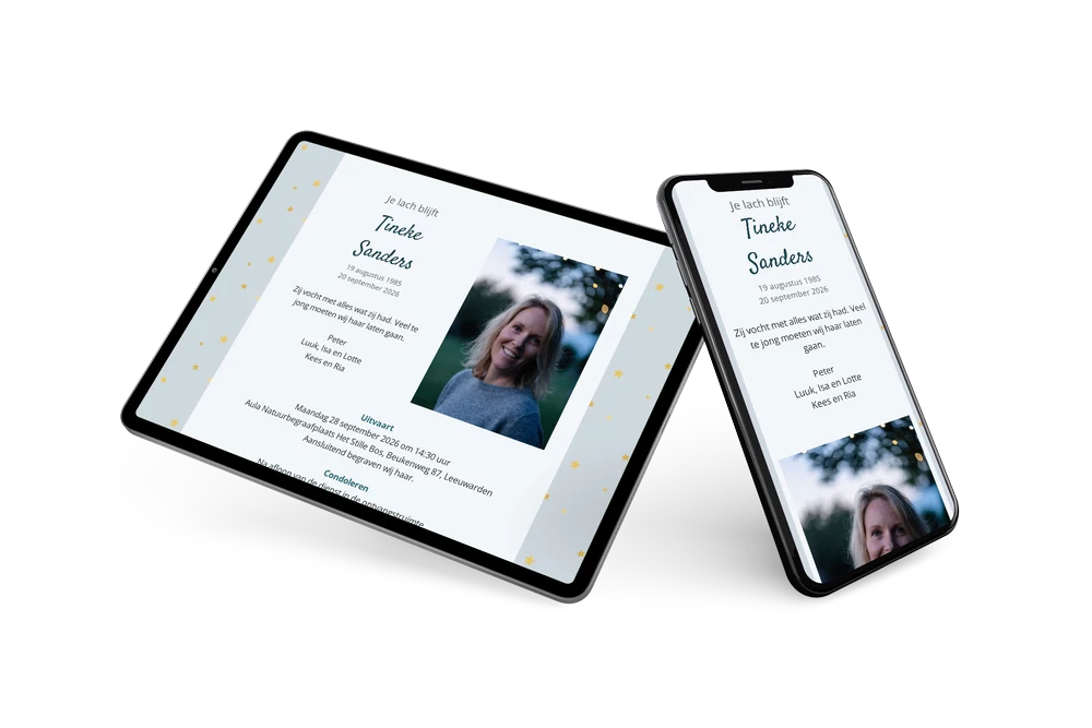 Lichtblauwe rouwkaart met gouden sterren &ndash; example 2