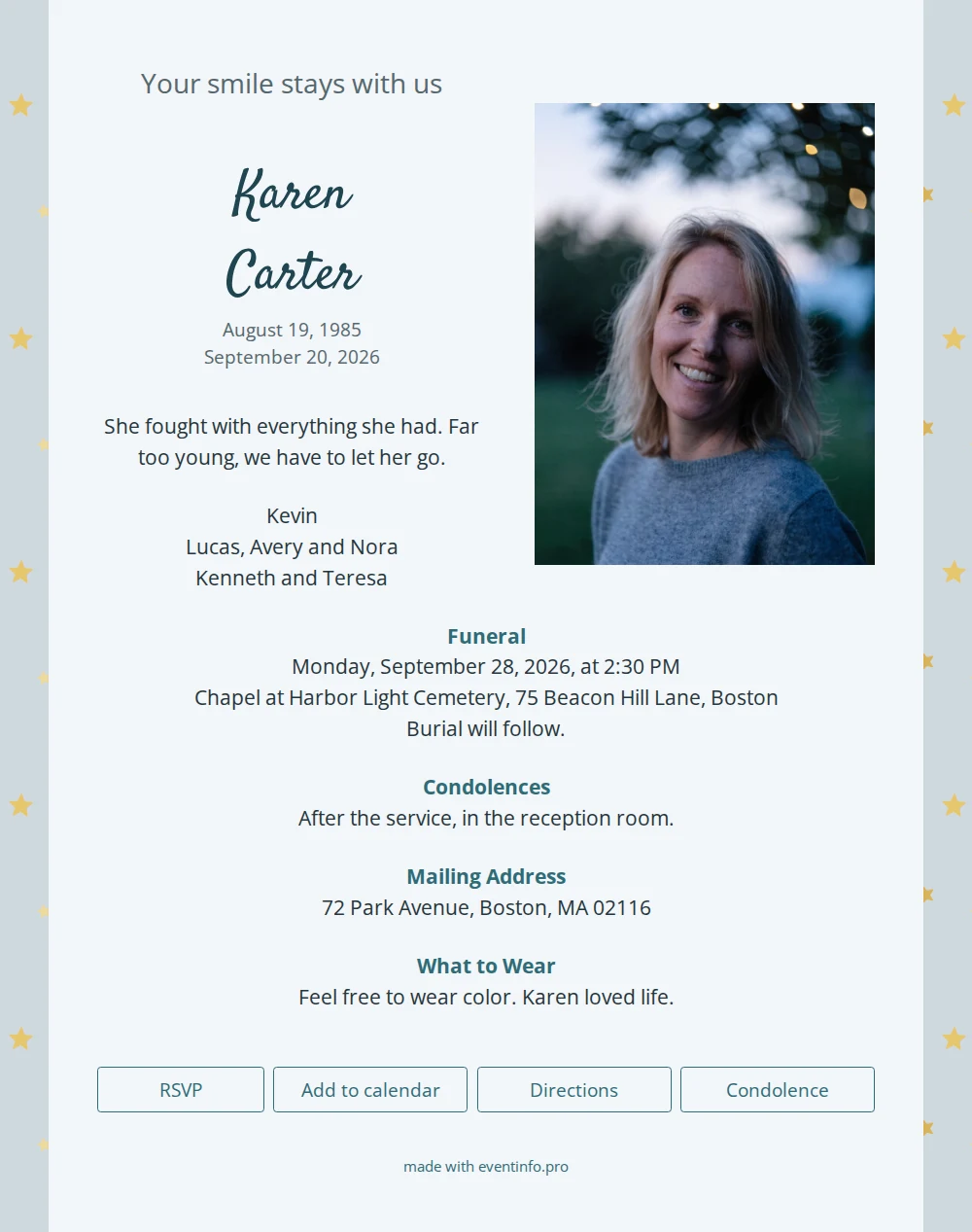 Light blue funeral card with golden stars &ndash; example 1