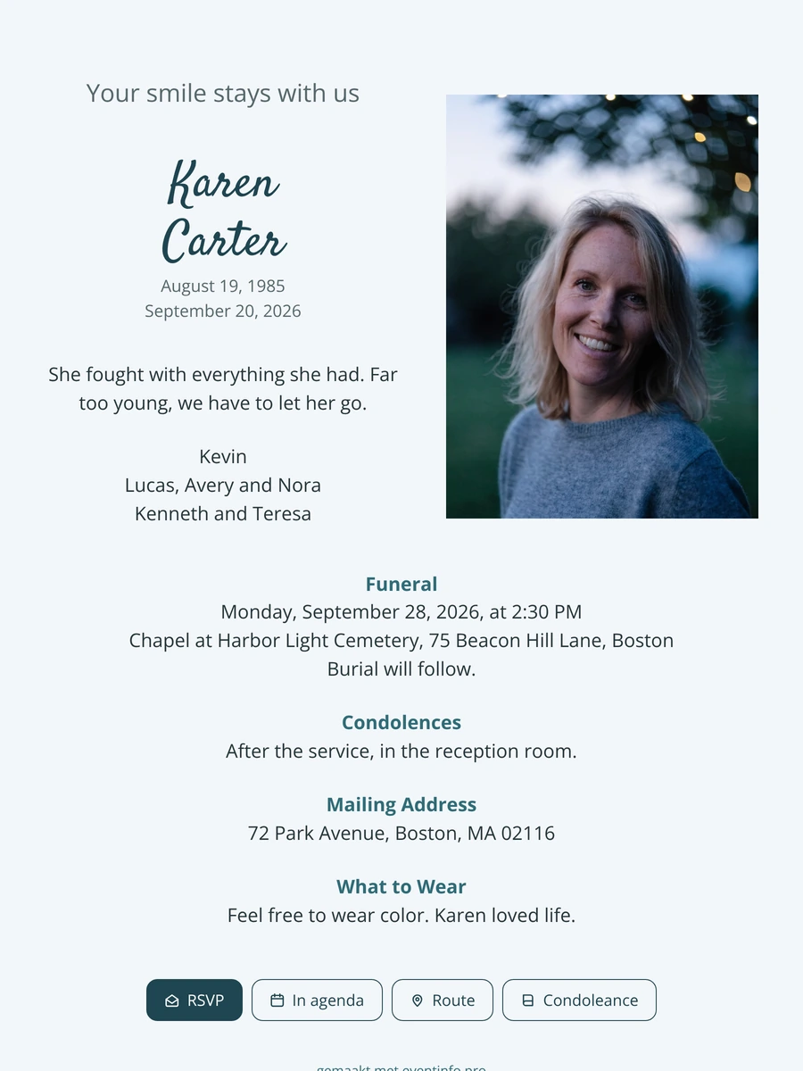 Light blue funeral card with golden stars