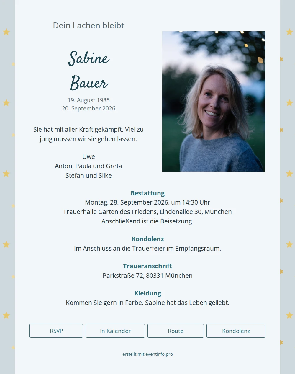 Hellblaue Trauerkarte mit Goldsternen &ndash; example 1