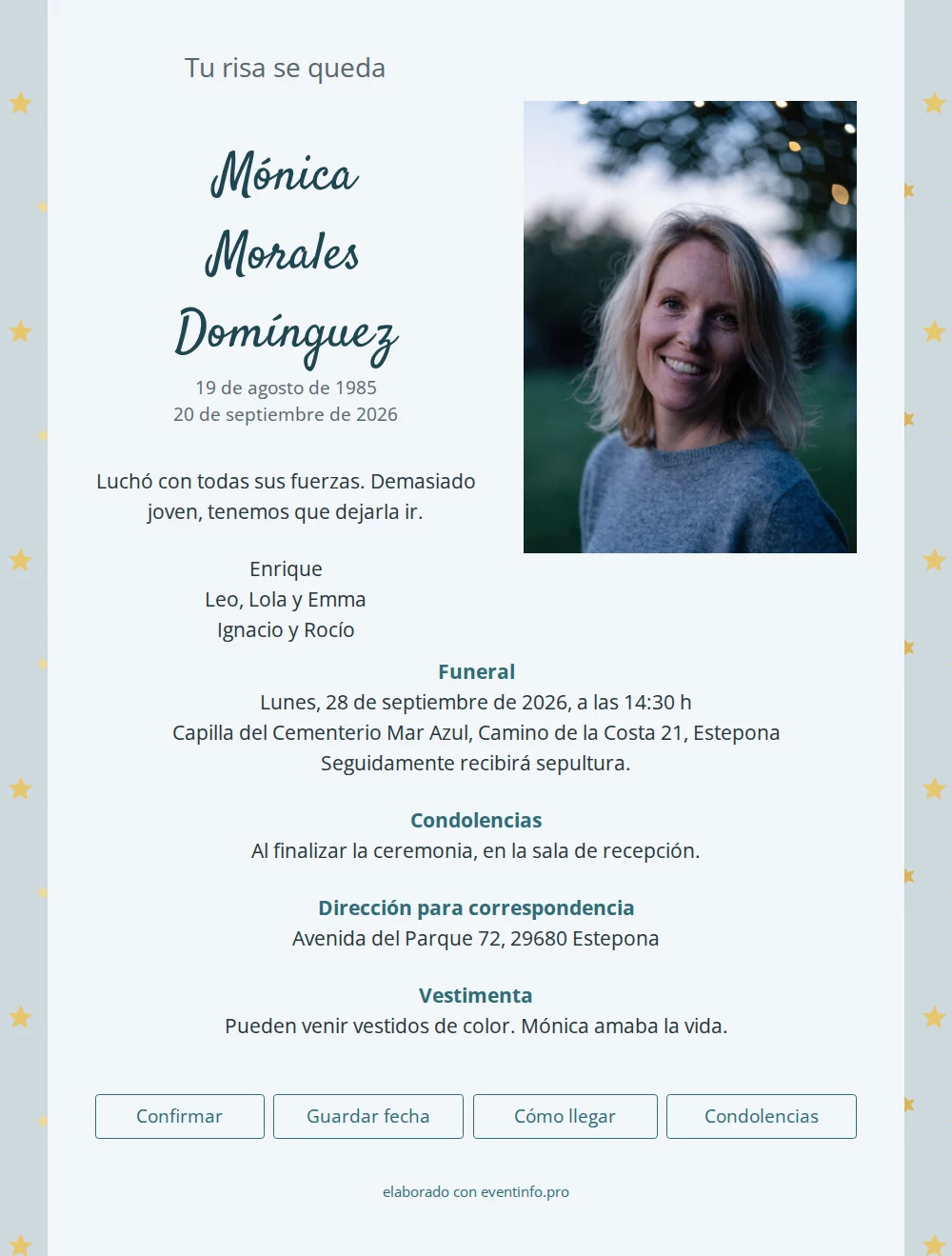 Esquela azul claro con estrellas doradas &ndash; example 1