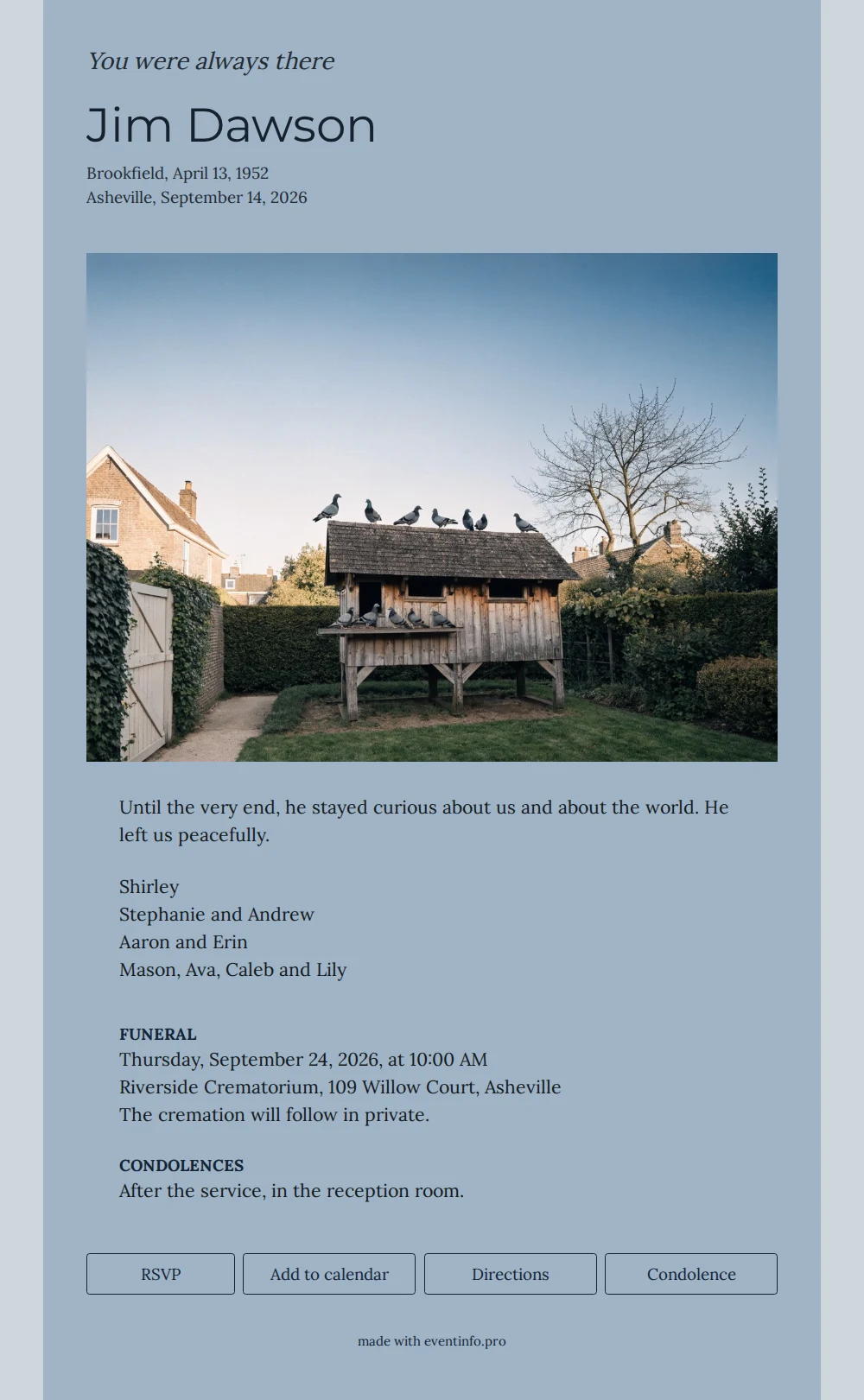 Left-aligned funeral card with pigeon loft &ndash; example 1