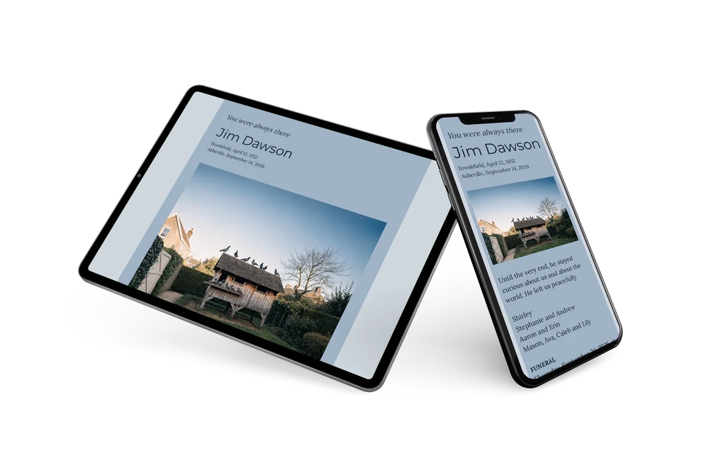 Left-aligned funeral card with pigeon loft &ndash; example 2