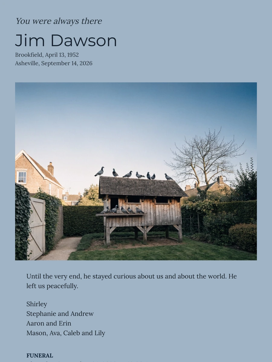 Left-aligned funeral card with pigeon loft