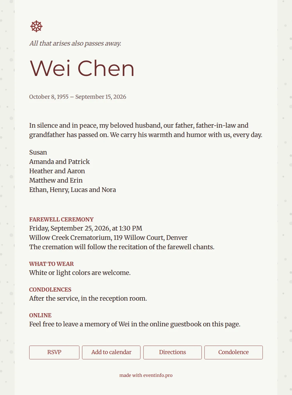 Dharma wheel funeral card in burgundy &ndash; example 1