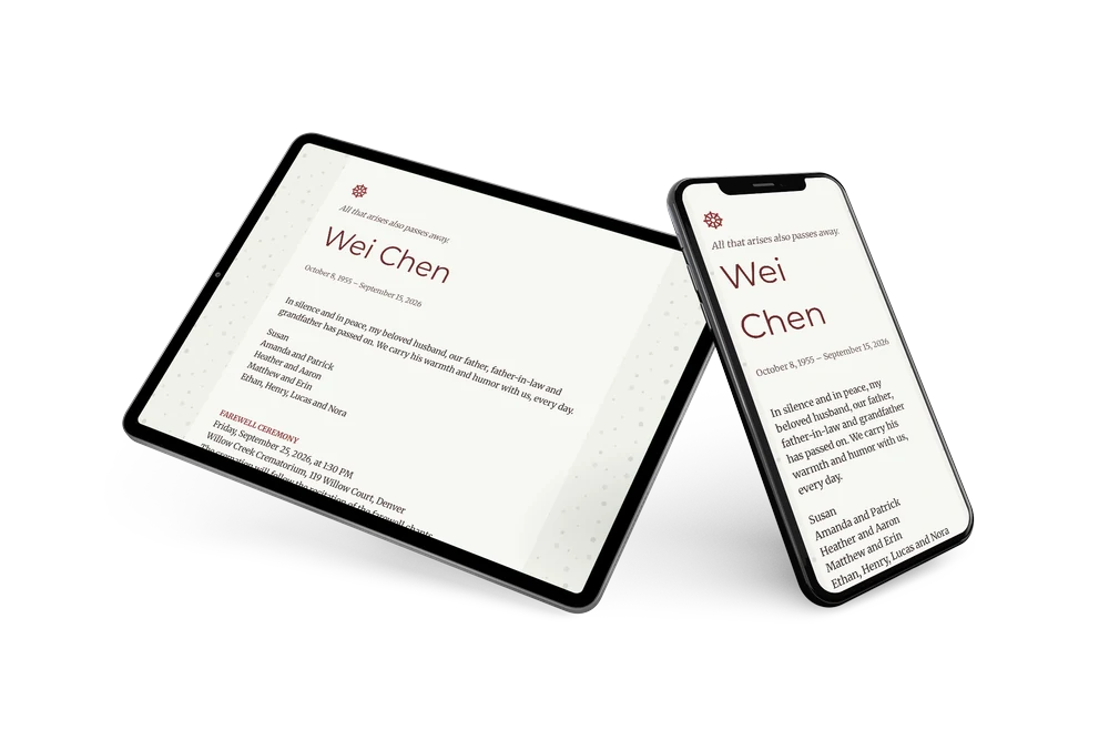 Dharma wheel funeral card in burgundy &ndash; example 2