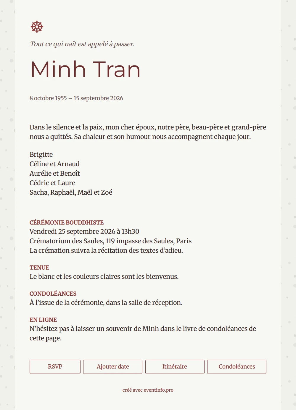 Faire-part bouddhiste bordeaux et blanc cass&eacute; &ndash; example 1