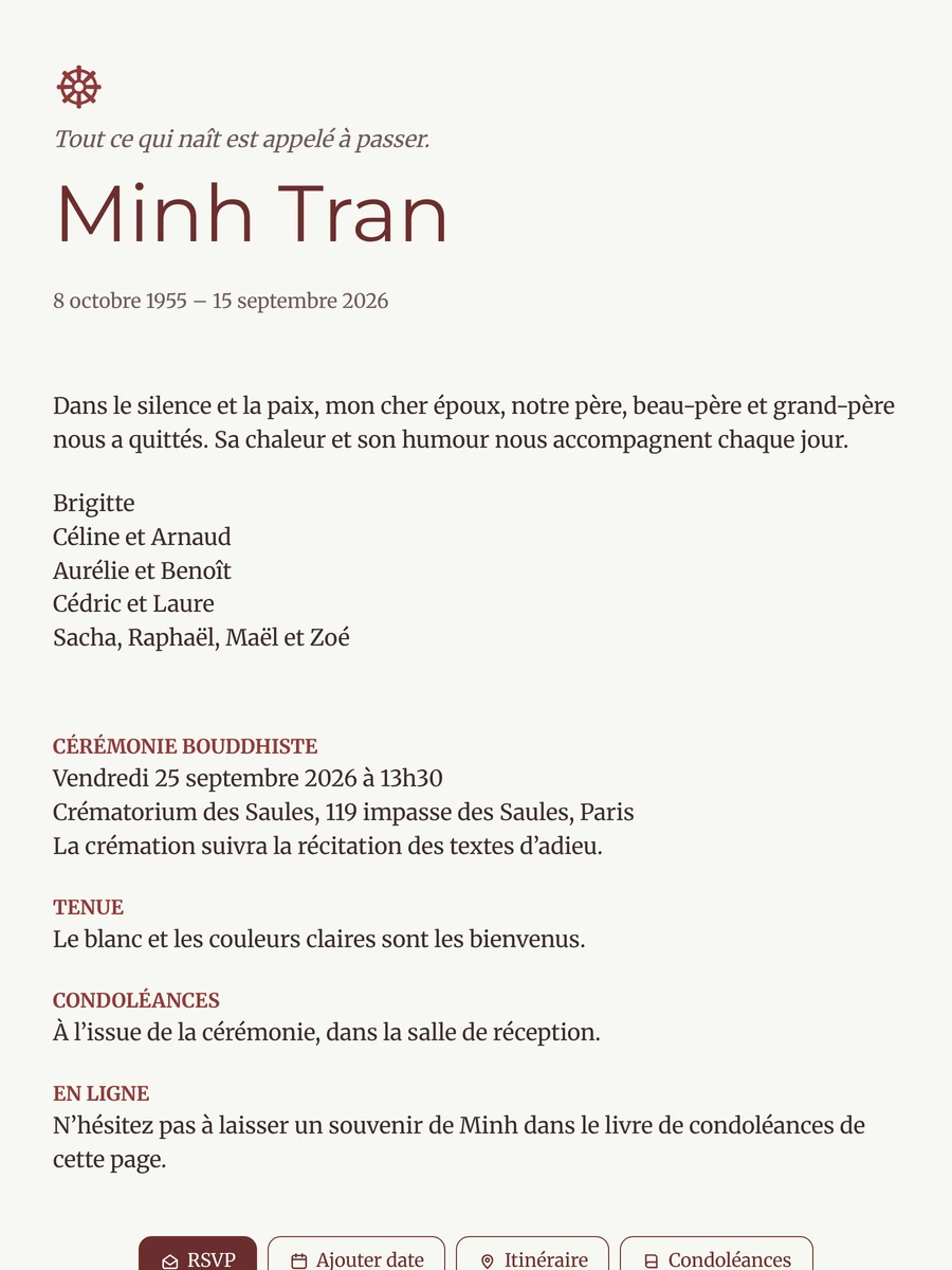 Faire-part bouddhiste bordeaux et blanc cass&eacute;