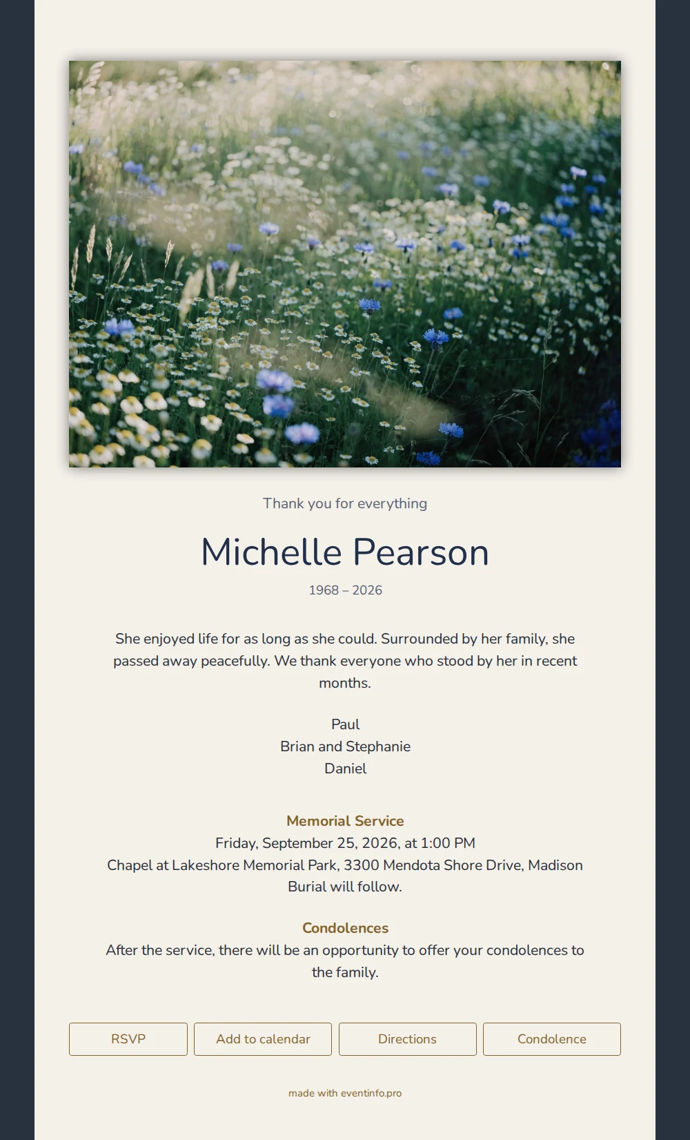 Cornflower meadow funeral card, midnight blue &ndash; example 1